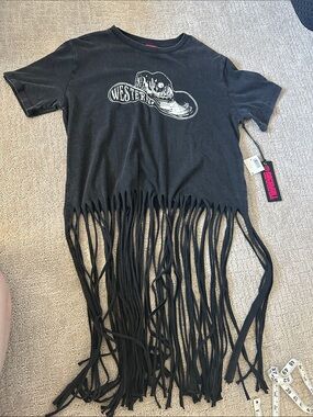 Rock & Roll Cowgirl Black Fringe Short Sleeve Tee with Western Boot Graphic